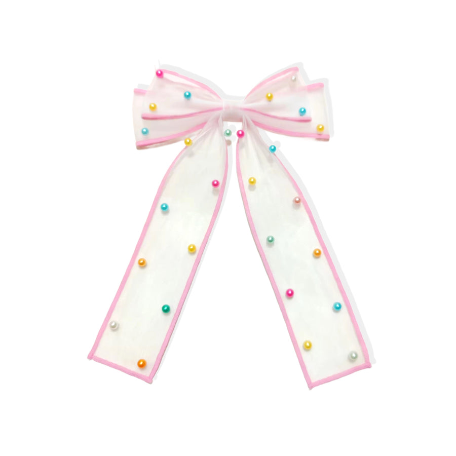These spring tulle pearl long tail pre-cut tied bows are ready to package and resell to your customers no sewing or measuring necessary! These hair bows come with a alligator clip already attached.