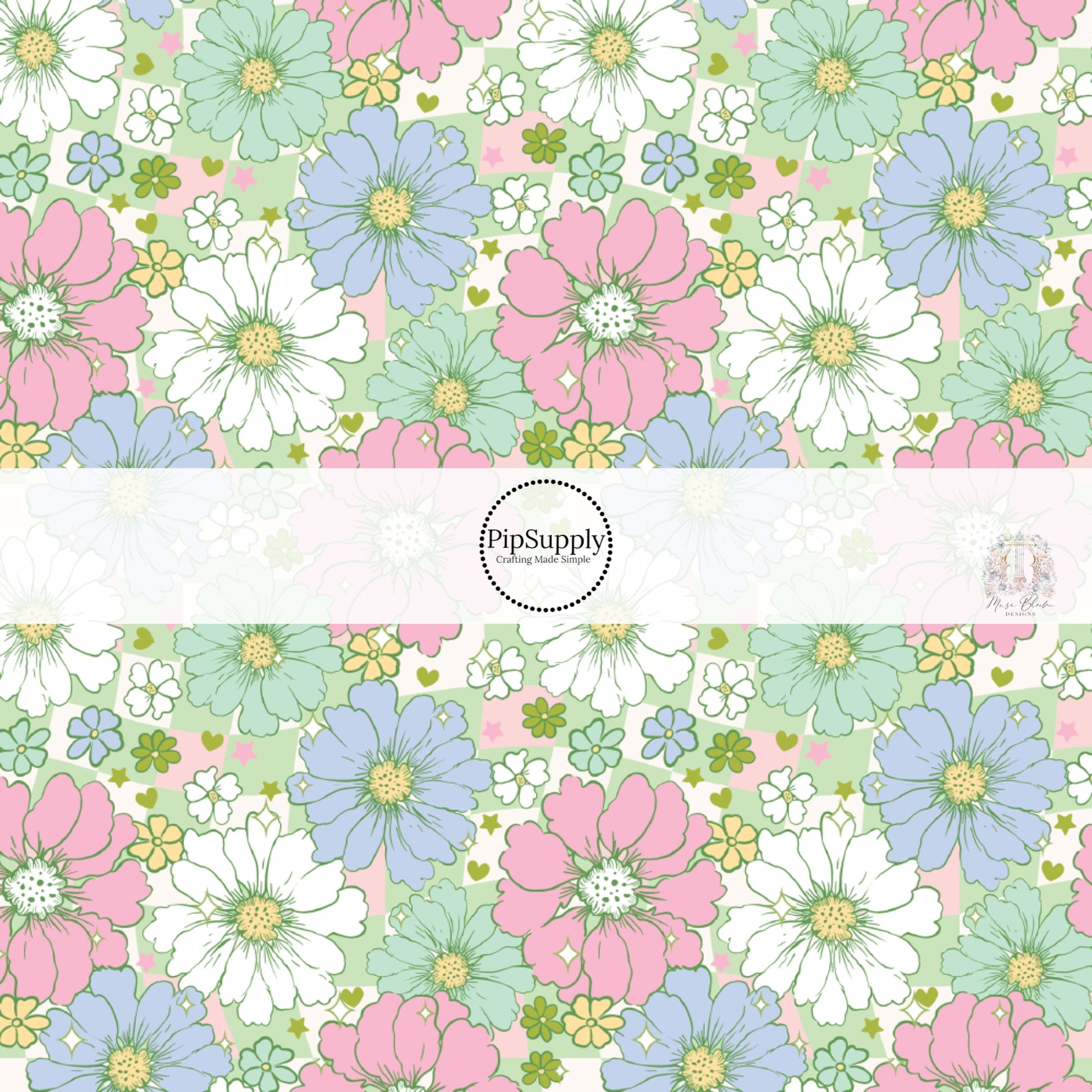 Light pink, green, blue, and white flowers on a green and cream checker board pattern fabric by the yard.