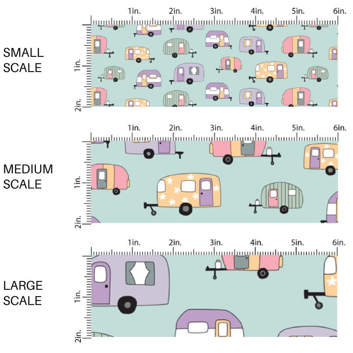 This scale chart of small scale, medium scale, and large scale of these camping outdoor light blue fabric by the yard features pastel pink, cream, and green campers on pastel blue. This fun camping themed fabric can be used for all your sewing and crafting needs! 