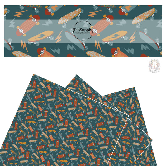 Multi patterned skateboards with blue and orange lightning bolts on peacock blue faux leather sheets