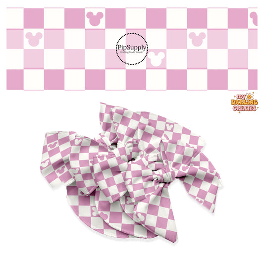 These St. Patrick's Day pattern no sew bow strips can be easily tied and attached to a clip for a finished hair bow. These adorable bow strips are great for personal use or to sell. The bow strips feature lilac and cream mouse checkered pattern. 