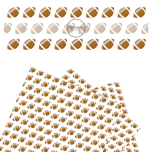 Rows of brown footballs on white faux leather sheets