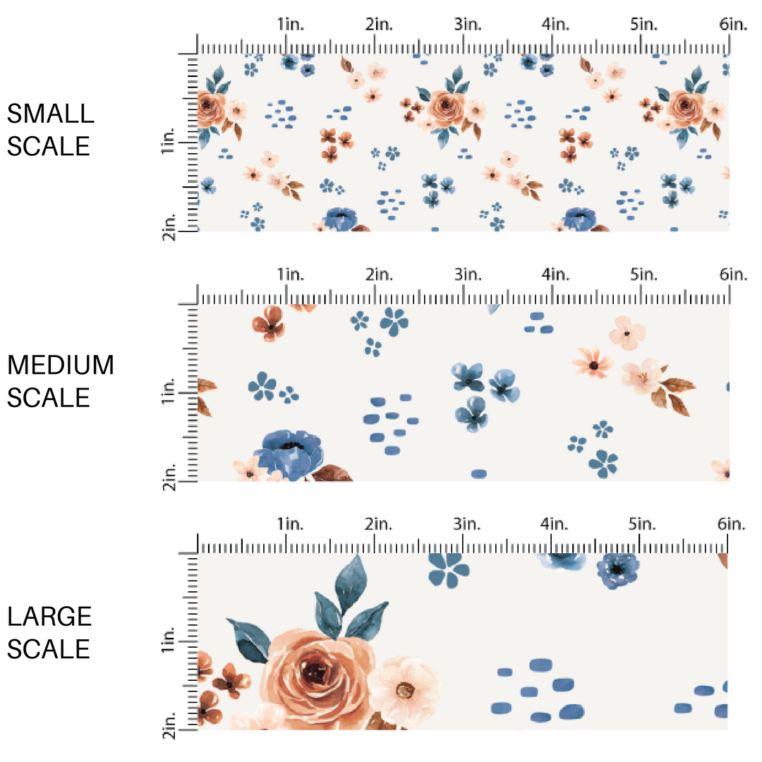 This scale chart of small scale, medium scale, and large scale of these floral themed cream fabric by the yard features cream, light pink, orange, and blue watercolor scattered floral flowers on cream. This fun floral summer themed fabric can be used for all your sewing and crafting needs! 