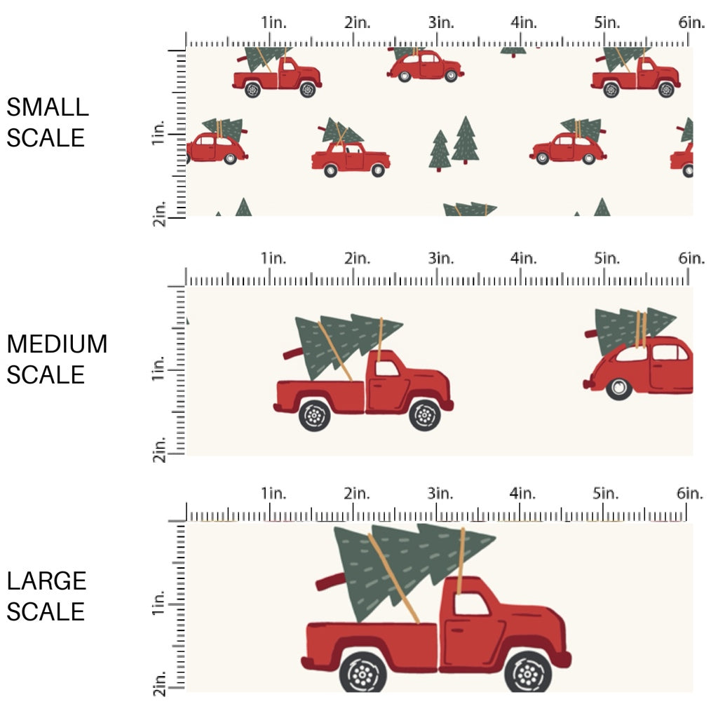 These Christmas themed pattern fabric by the yard features the following design elements: red trucks carrying Christmas trees on cream. This fun themed fabric can be used for all your sewing and crafting needs!