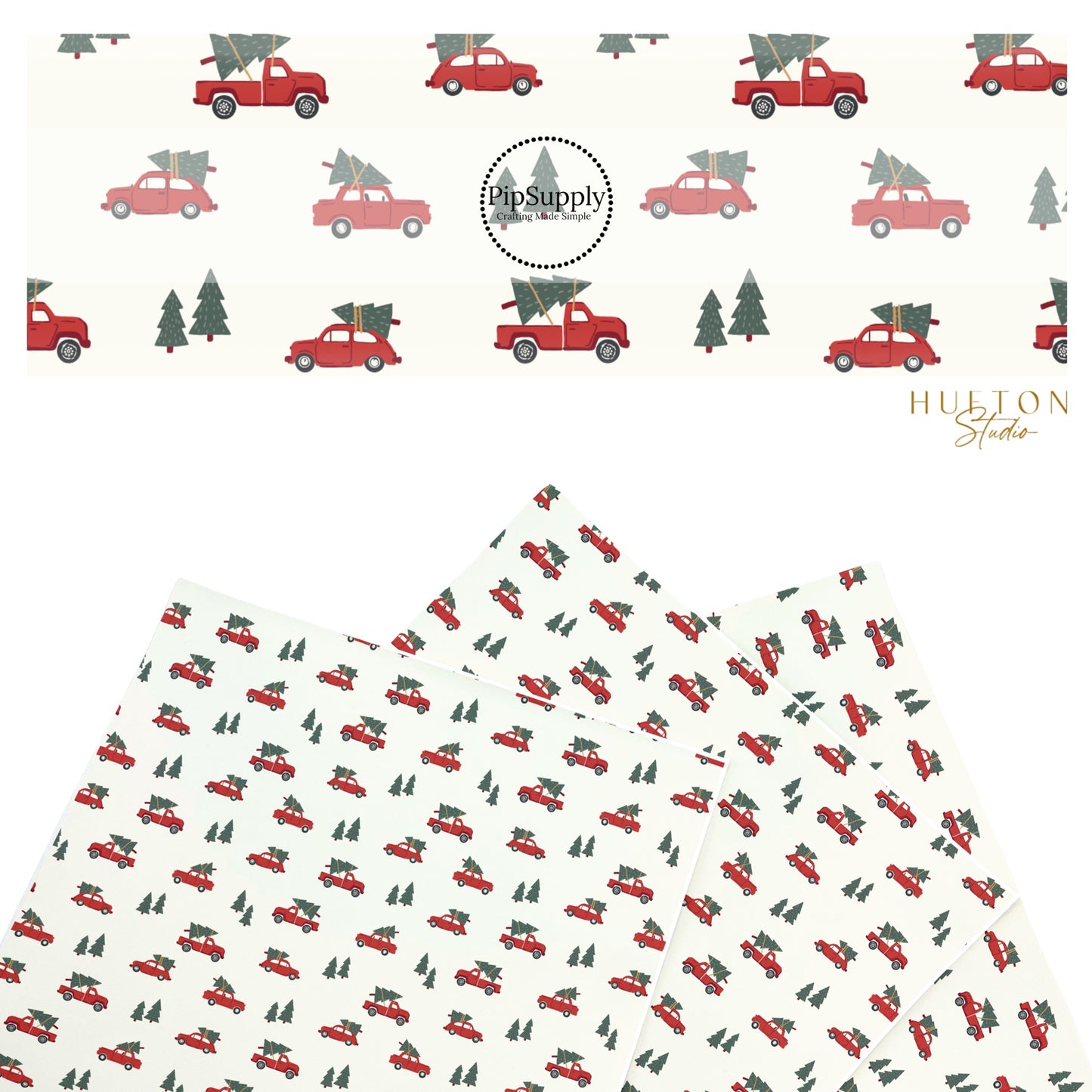 These Christmas themed pattern faux leather sheets contain the following design elements: red trucks carrying Christmas trees on cream. Our CPSIA compliant faux leather sheets or rolls can be used for all types of crafting projects.