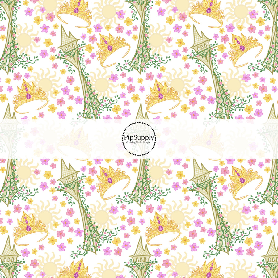 These magical princess themed fabric by the yard features crowns, suns, and flowers. This fun pattern fabric can be used for all your sewing and crafting needs!
