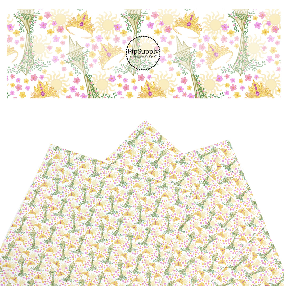 These magical princess themed faux leather sheets contain the following design elements: crowns, suns, and flowers. Our CPSIA compliant faux leather sheets or rolls can be used for all types of crafting projects.