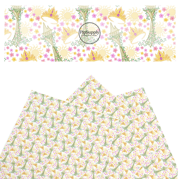 These magical princess themed faux leather sheets contain the following design elements: crowns, suns, and flowers. Our CPSIA compliant faux leather sheets or rolls can be used for all types of crafting projects.