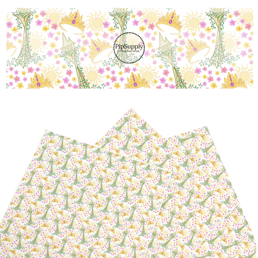 These magical princess themed faux leather sheets contain the following design elements: crowns, suns, and flowers. Our CPSIA compliant faux leather sheets or rolls can be used for all types of crafting projects.