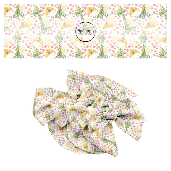 These magical princess themed no sew bow strips can be easily tied and attached to a clip for a finished hair bow. These bow strips are great for personal use or to sell. These bow strips feature the following design elements: crowns, suns, and flowers.