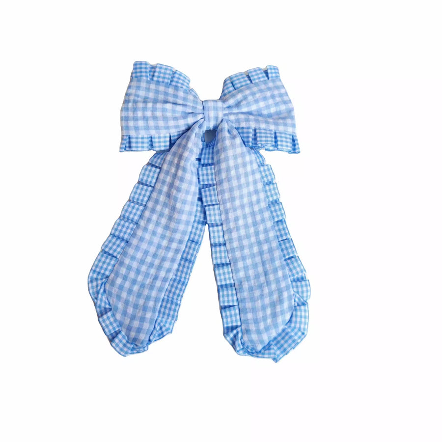 These long tail ruffle plaid pre-cut tied bows are ready to package and resell to your customers no sewing or measuring necessary! These hair bows come with a clip already attached.