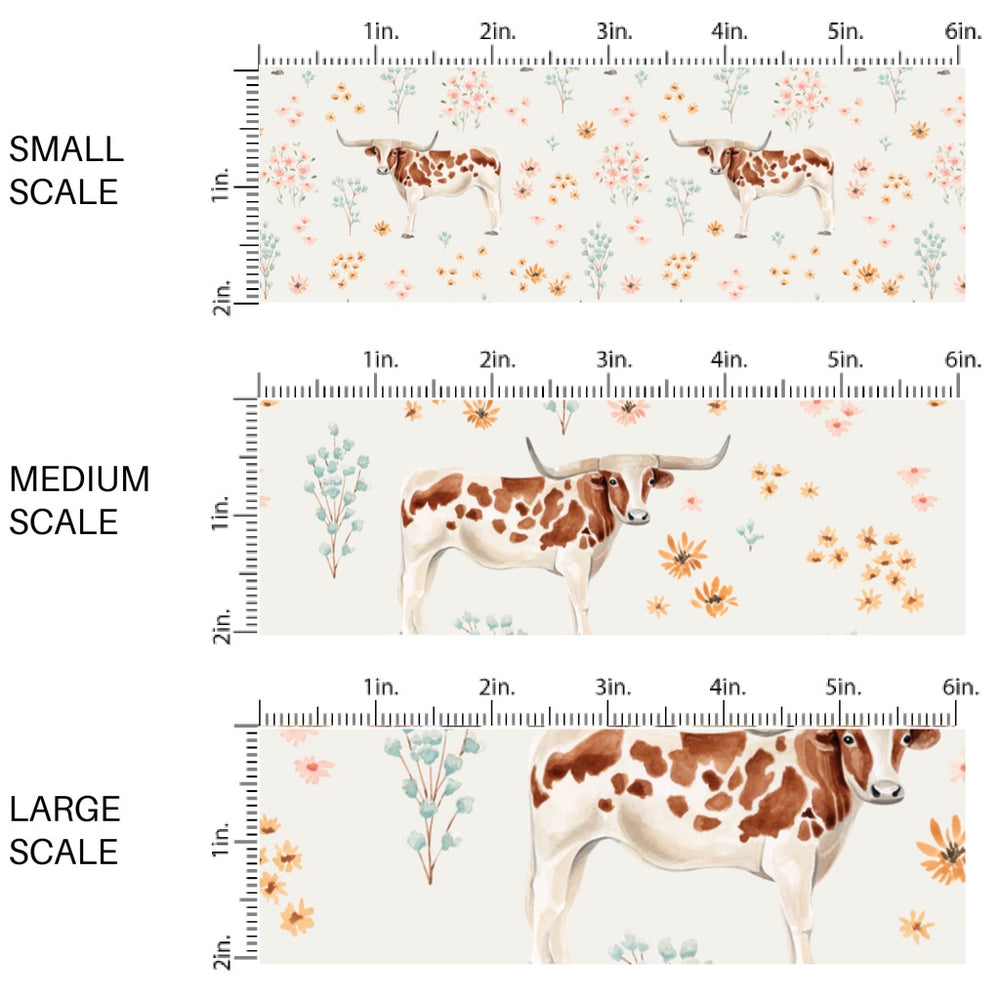 This scale chart of small scale, medium scale, and large scale of this summer fabric by the yard features longhorns and blush wildflowers on cream. This fun summer themed fabric can be used for all your sewing and crafting needs!