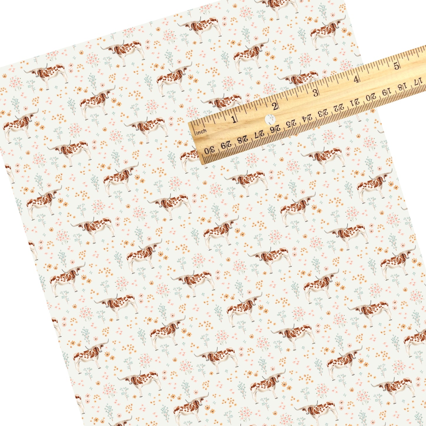 These summer faux leather sheets contain the following design elements: longhorns and blush wildflowers on cream. Our CPSIA compliant faux leather sheets or rolls can be used for all types of crafting projects.