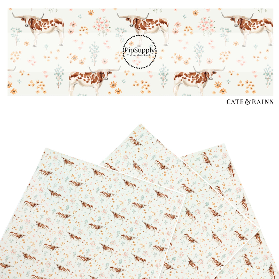 These summer faux leather sheets contain the following design elements: longhorns and blush wildflowers on cream. Our CPSIA compliant faux leather sheets or rolls can be used for all types of crafting projects.