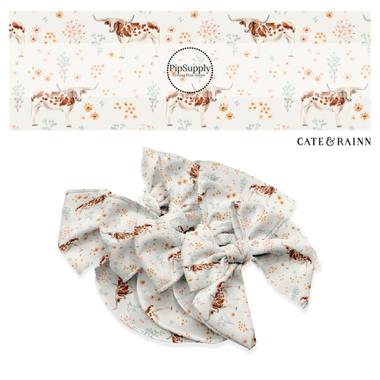 These summer themed no sew bow strips can be easily tied and attached to a clip for a finished hair bow. These summer patterned bow strips are great for personal use or to sell. These bow strips feature longhorns and blush wildflowers on cream.
