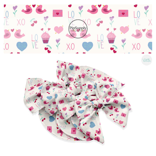 Love birds, hearts, sayings, flowers, cupcakes, and letters on cream hair bow strips