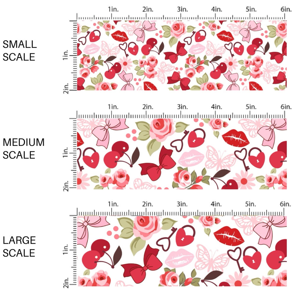 This holiday fabric by the yard features flowers, cherries, bows, and Valentine themed items. This festive pattern fabric can be used for all your sewing and crafting needs!