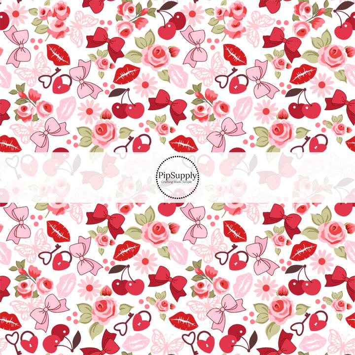 This holiday fabric by the yard features flowers, cherries, bows, and Valentine themed items. This festive pattern fabric can be used for all your sewing and crafting needs!