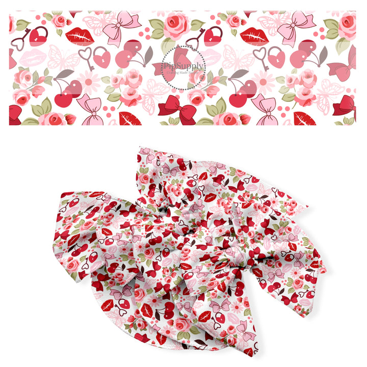 These holiday no sew bow strips can be easily tied and attached to a clip for a finished hair bow. These festive bow strips are great for personal use or to sell. These bow strips feature the following design elements: flowers, cherries, bows, and Valentine themed items.