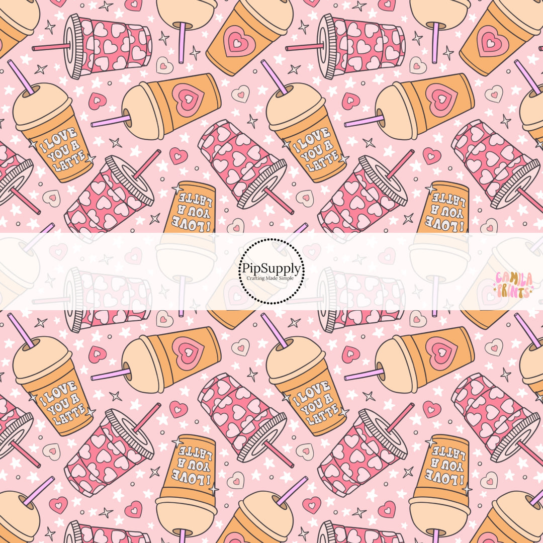 This holiday fabric by the yard features lattes on pink. This festive pattern fabric can be used for all your sewing and crafting needs!