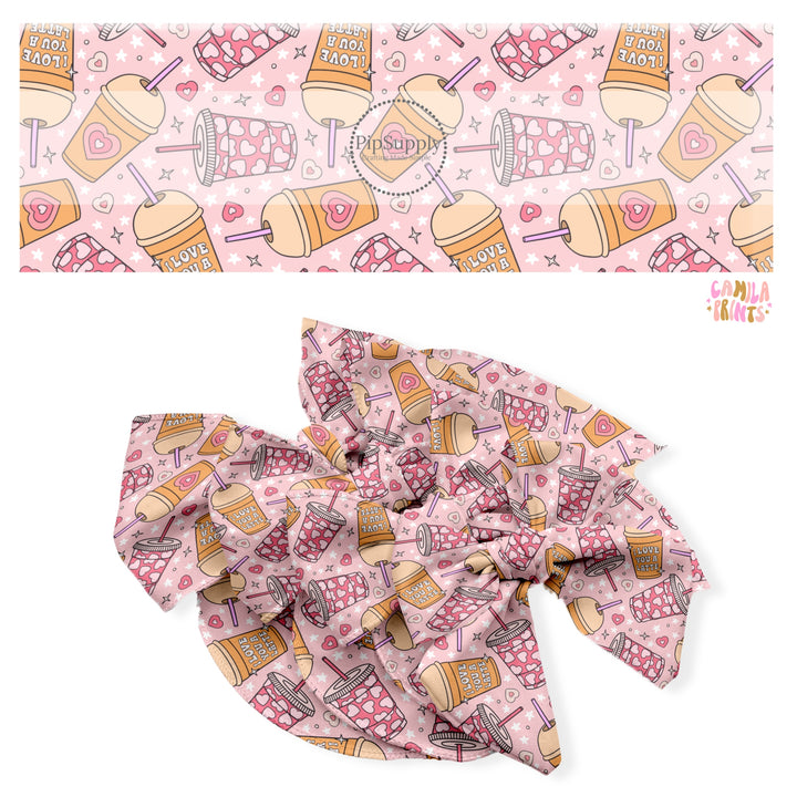 These holiday no sew bow strips can be easily tied and attached to a clip for a finished hair bow. These festive bow strips are great for personal use or to sell. These bow strips feature the following design elements: lattes on pink.