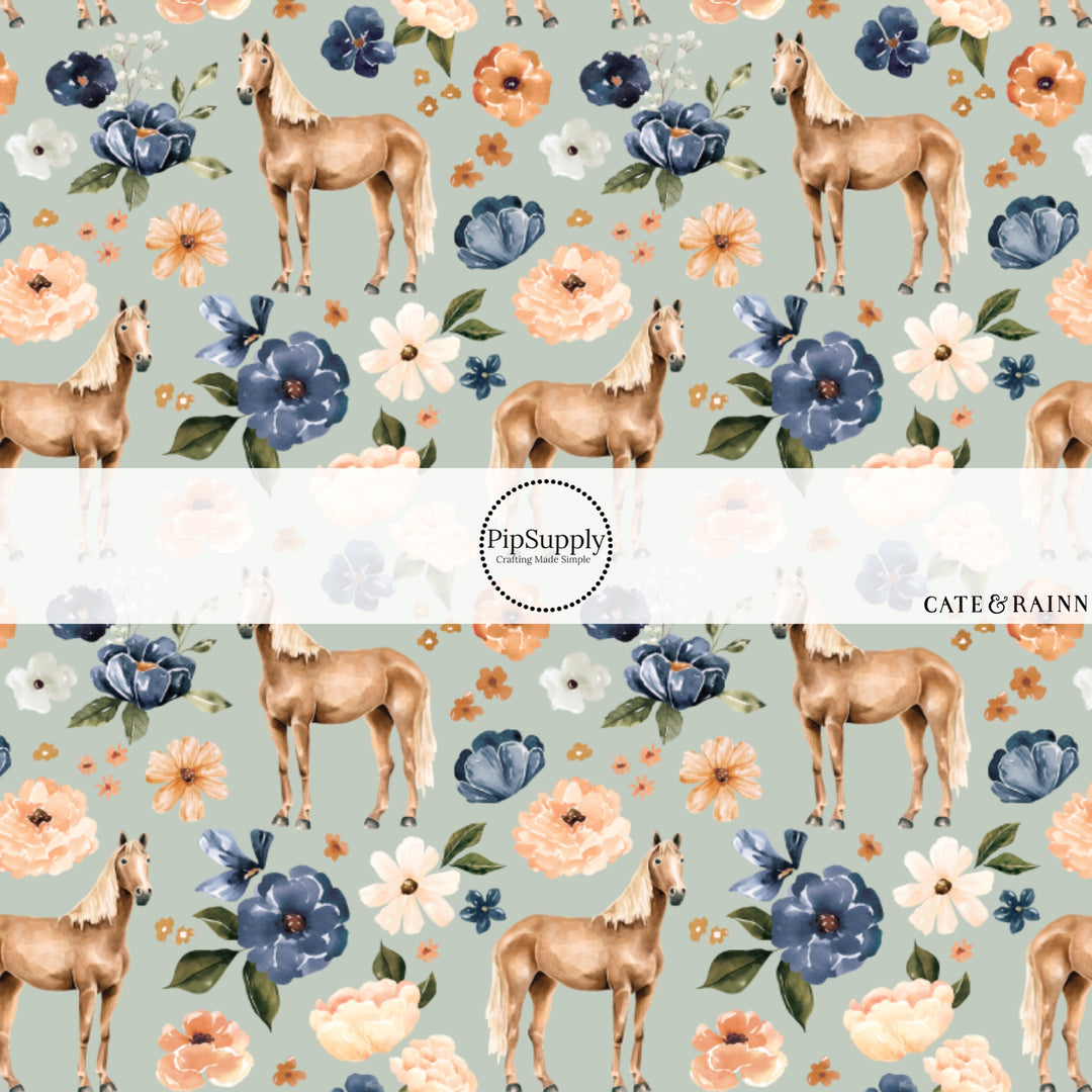 These spring and summer pattern fabric by the yard features farm and meadow horses. This fun fabric can be used for all your sewing and crafting needs!