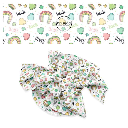 These St. Patrick's Day pattern no sew bow strips can be easily tied and attached to a clip for a finished hair bow. These adorable bow strips are great for personal use or to sell. The bow strips feature rainbows, shamrocks, and sayings on cream.