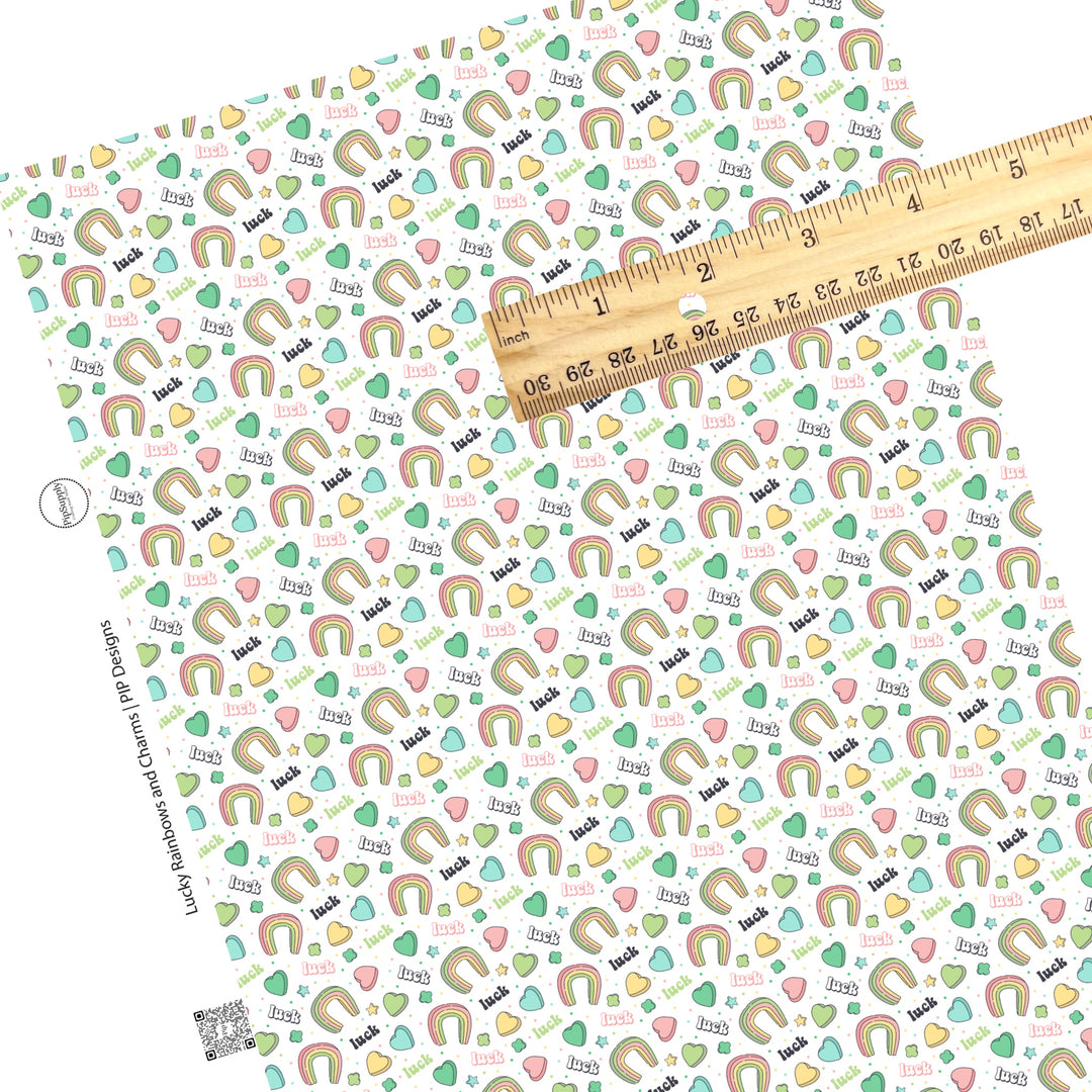 These St. Patrick's pattern themed faux leather sheets contain the following design elements: rainbows, shamrocks, and sayings on cream. Our CPSIA compliant faux leather sheets or rolls can be used for all types of crafting projects.