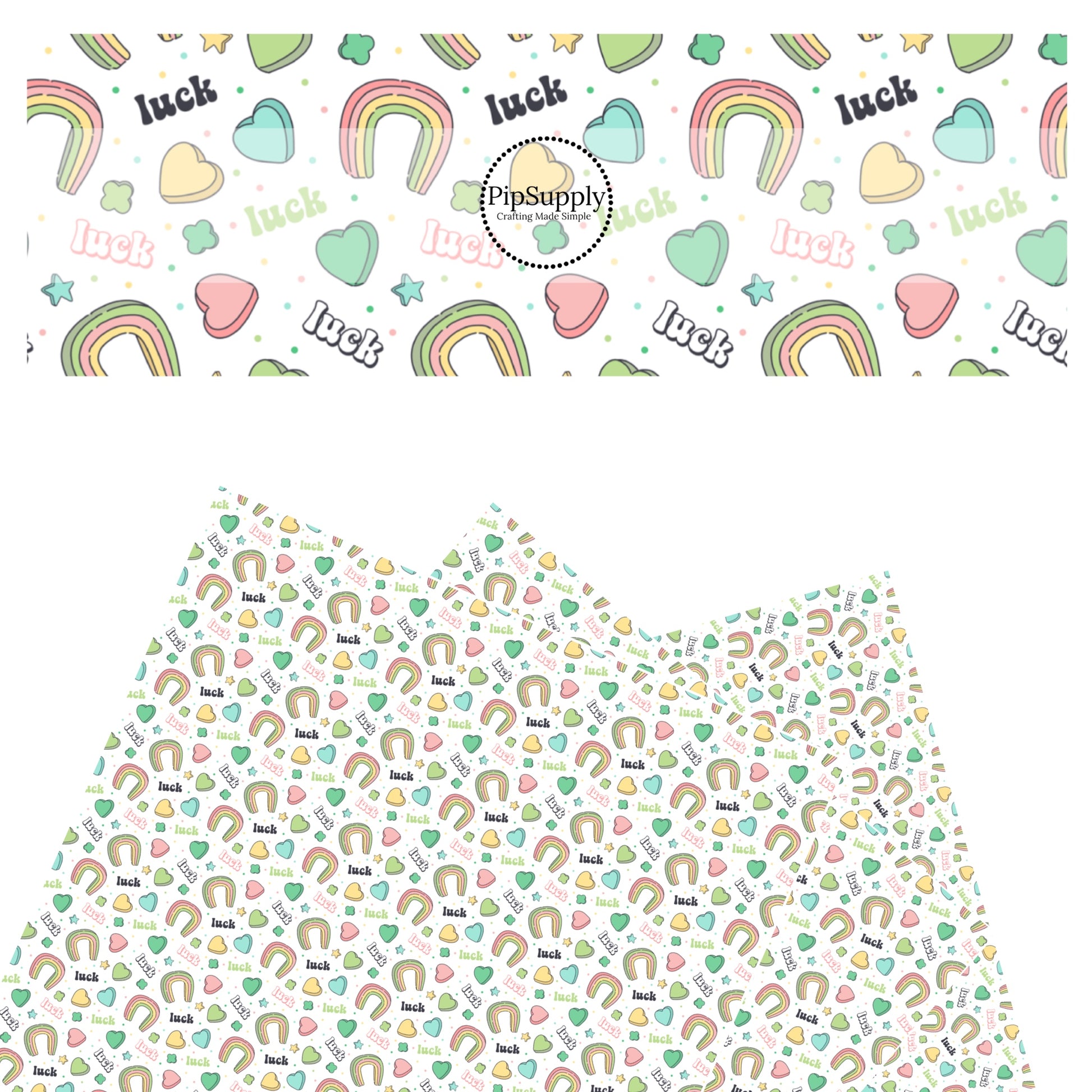 These St. Patrick's pattern themed faux leather sheets contain the following design elements: rainbows, shamrocks, and sayings on cream. Our CPSIA compliant faux leather sheets or rolls can be used for all types of crafting projects.