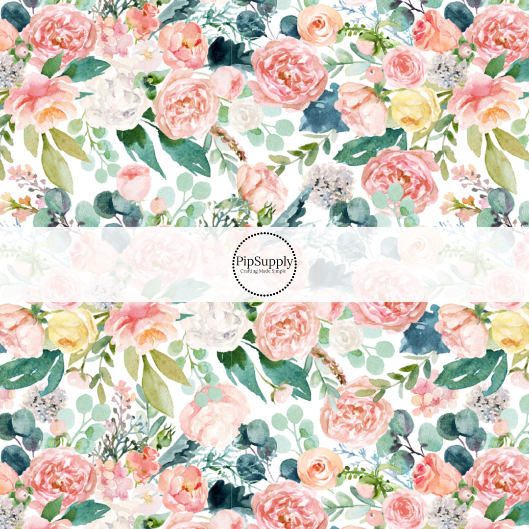 These spring floral fabric by the yard features blush floral pattern and greenery. This fun pattern fabric can be used for all your sewing and crafting needs!