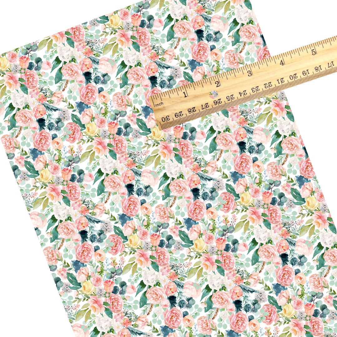 These spring floral faux leather sheets contain the following design elements: blush floral pattern and greenery . Our CPSIA compliant faux leather sheets or rolls can be used for all types of crafting projects.