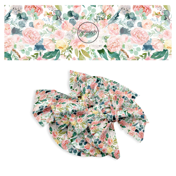 These spring floral no sew bow strips can be easily tied and attached to a clip for a finished hair bow. These bow strips are great for personal use or to sell. These bow strips feature the following design elements: blush floral pattern and greenery.