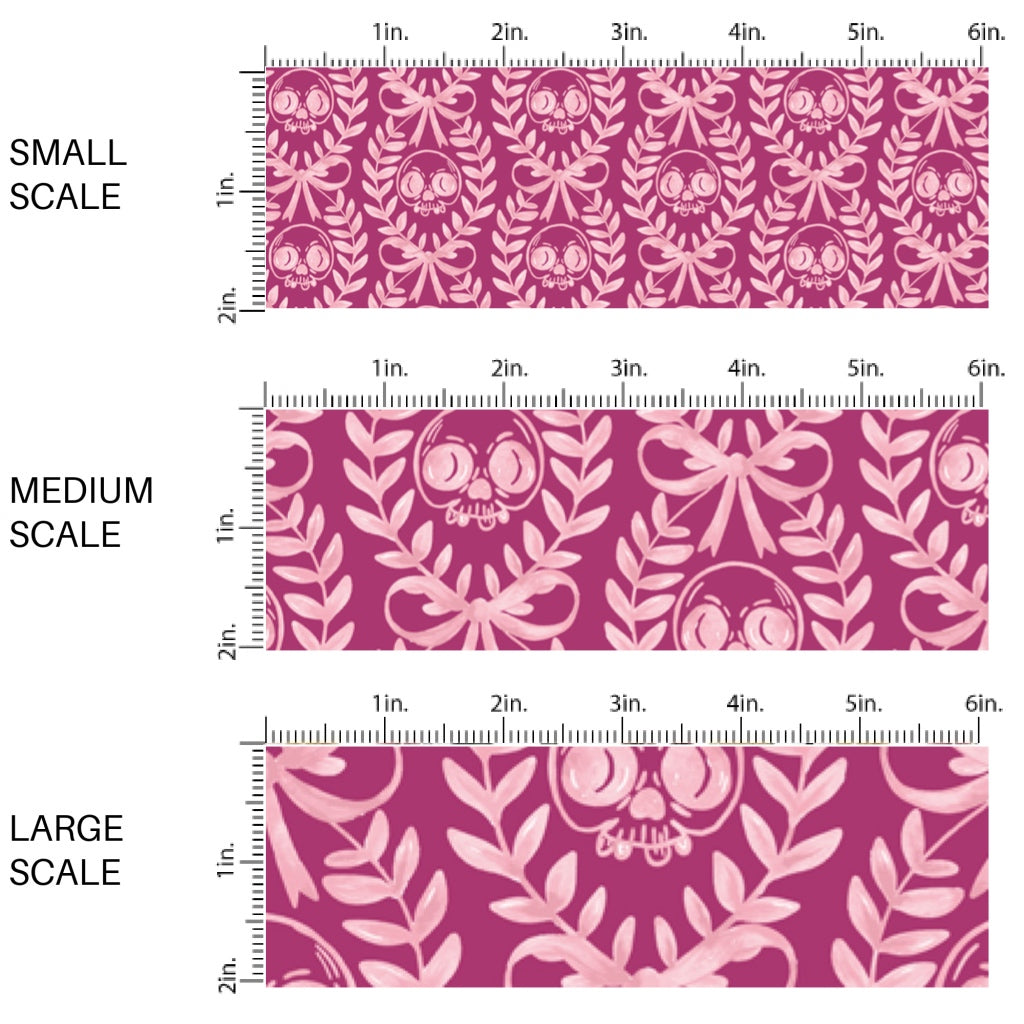 This scale chart of small scale, medium scale, and large scale of these Halloween themed pattern fabric by the yard features the following design elements: laurel leaf pattern with skulls on pink. This fun spooky themed fabric can be used for all your sewing and crafting needs.