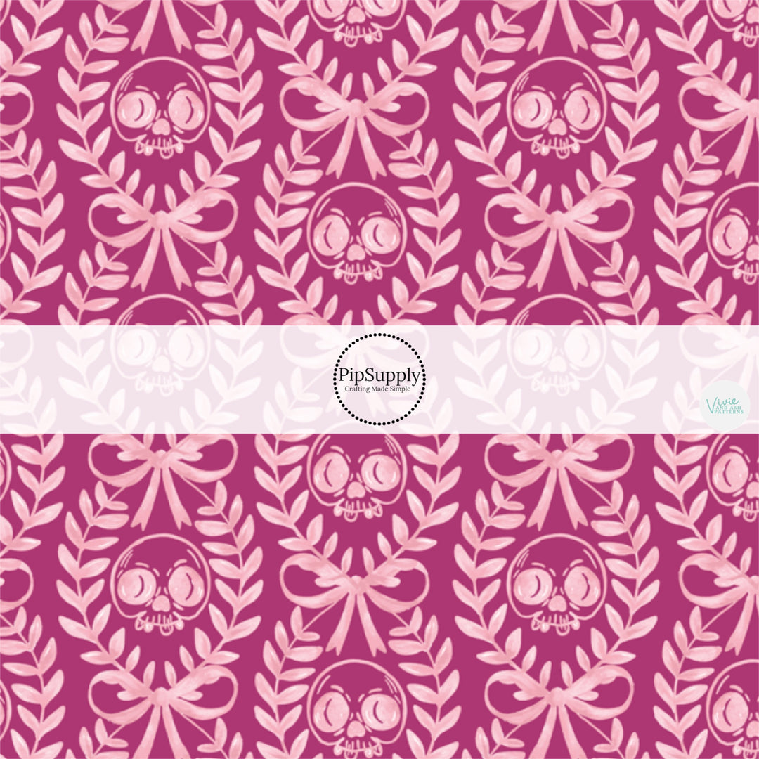 These Halloween themed pattern fabric by the yard features the following design elements: laurel leaf pattern with skulls on pink. This fun spooky themed fabric can be used for all your sewing and crafting needs!