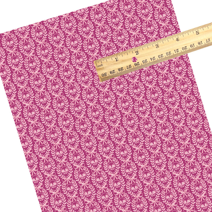 These Halloween themed pattern faux leather sheets contain the following design elements: laurel leaf pattern with skulls on pink. Our CPSIA compliant faux leather sheets or rolls can be used for all types of crafting projects.