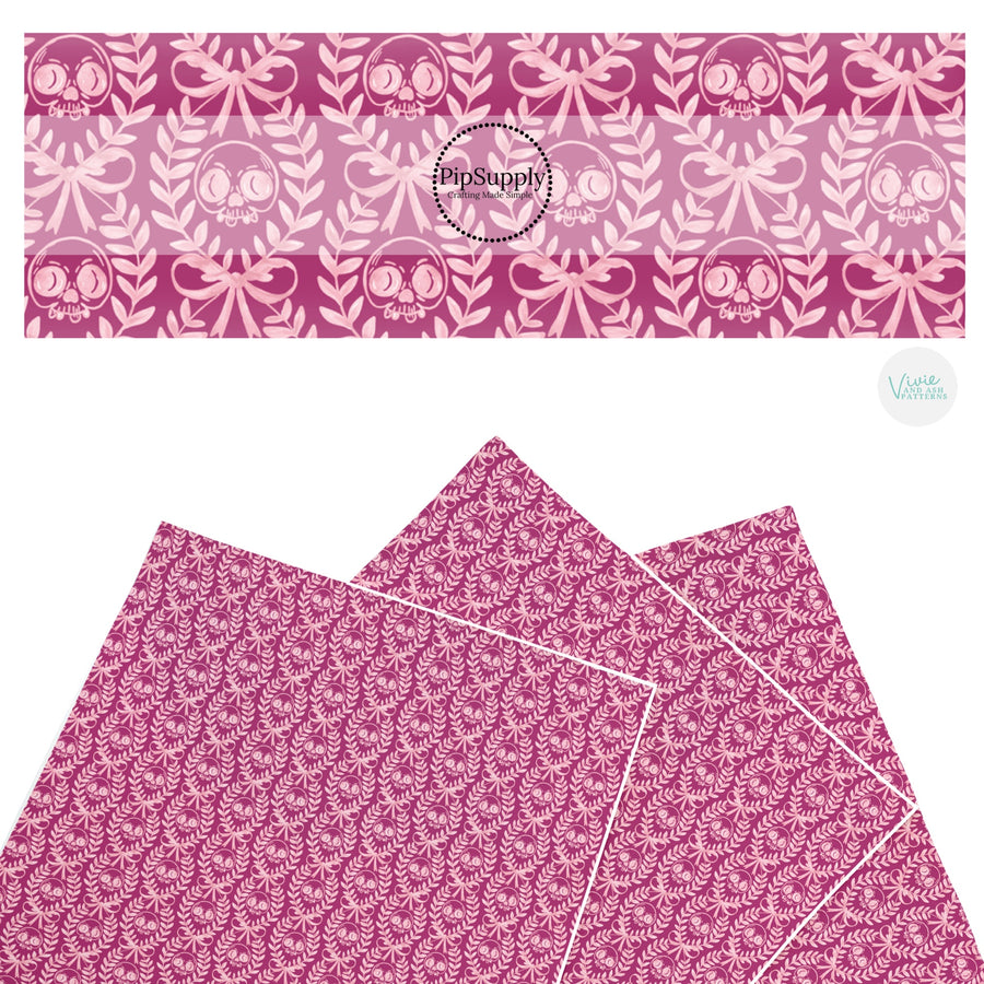 These Halloween themed pattern faux leather sheets contain the following design elements: laurel leaf pattern with skulls on pink. Our CPSIA compliant faux leather sheets or rolls can be used for all types of crafting projects.