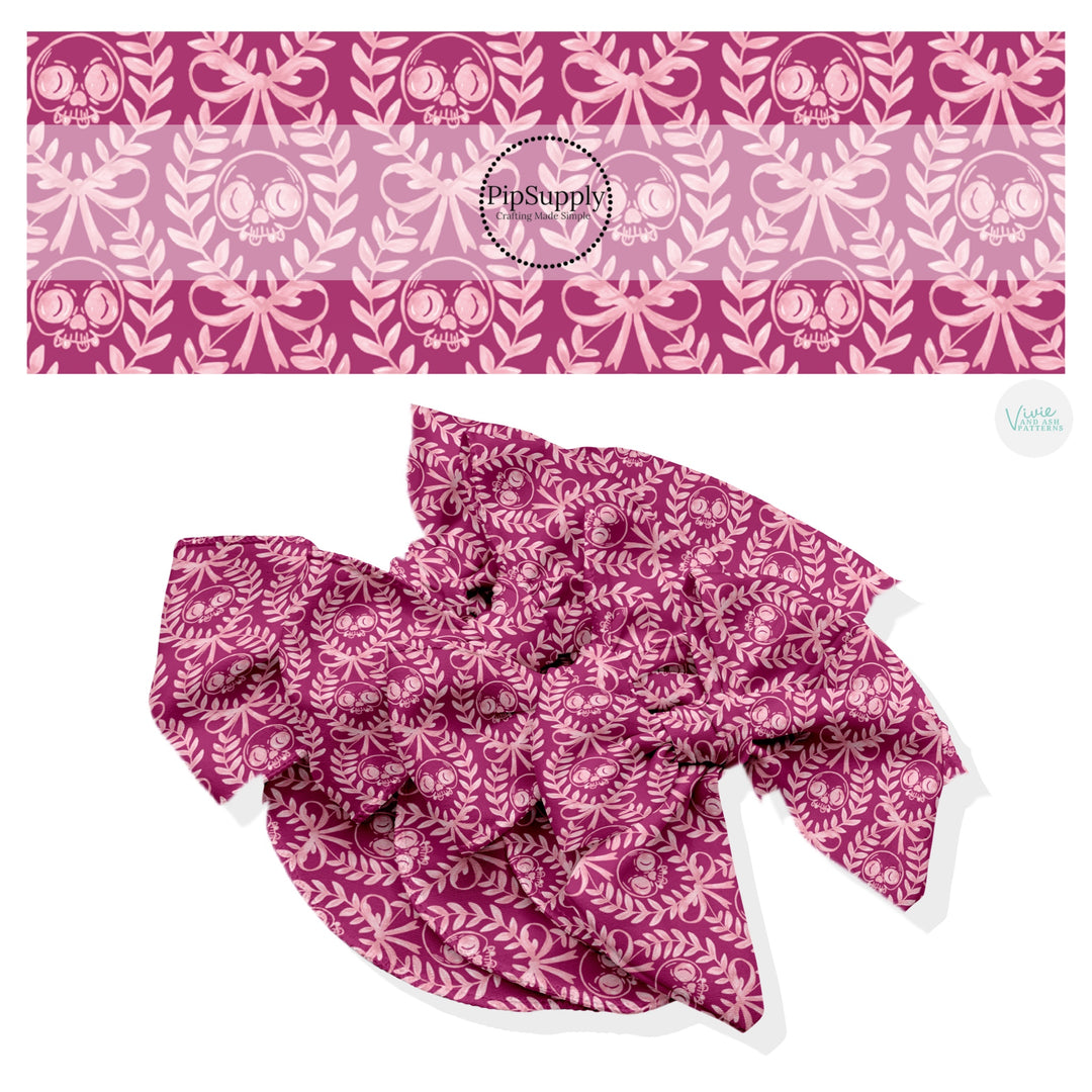 These Halloween themed no sew bow strips can be easily tied and attached to a clip for a finished hair bow. These fun spooky patterned bow strips are great for personal use or to sell. These bow strips feature the following design elements: laurel leaf pattern with skulls on pink.