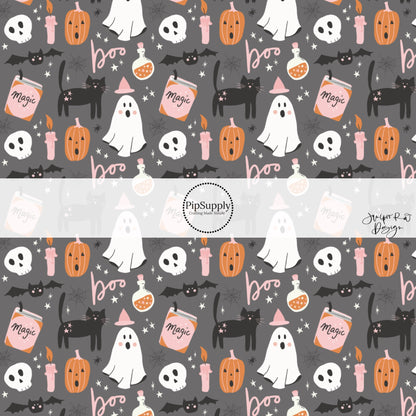 Boo sayings with magic halloween friends on charcoal hair bow strips