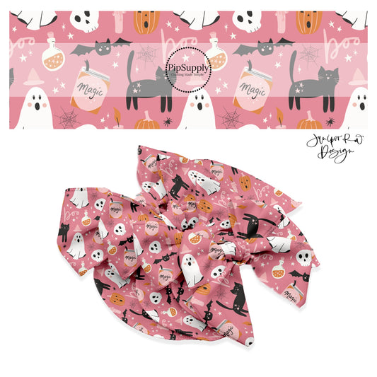 Black cats, ghosts, bats, skulls, pumpkins, sayings, candles, magic, and stars on pink hair bow strips