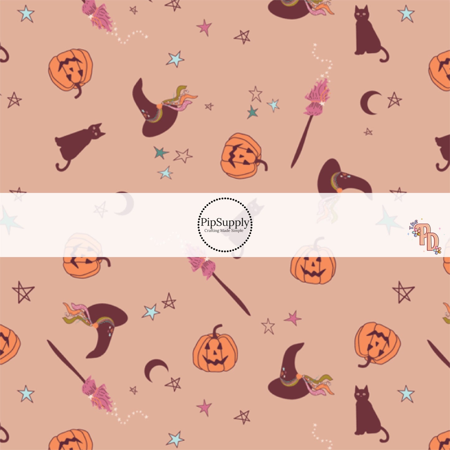 Witch magic, hat, cats, pumpkins, and stars on nude hair bow strips