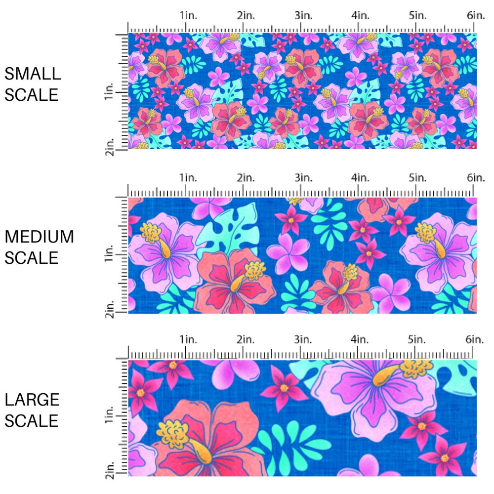 This scale chart of small scale, medium scale, and large scale of this summer fabric by the yard features multi colored tropical flowers. This fun summer themed fabric can be used for all your sewing and crafting needs!