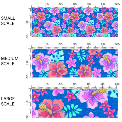 This scale chart of small scale, medium scale, and large scale of this summer fabric by the yard features multi colored tropical flowers. This fun summer themed fabric can be used for all your sewing and crafting needs!