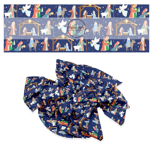 Manger scene with angels, shepards, wisemen, animals, and stars on blue hair bow strips