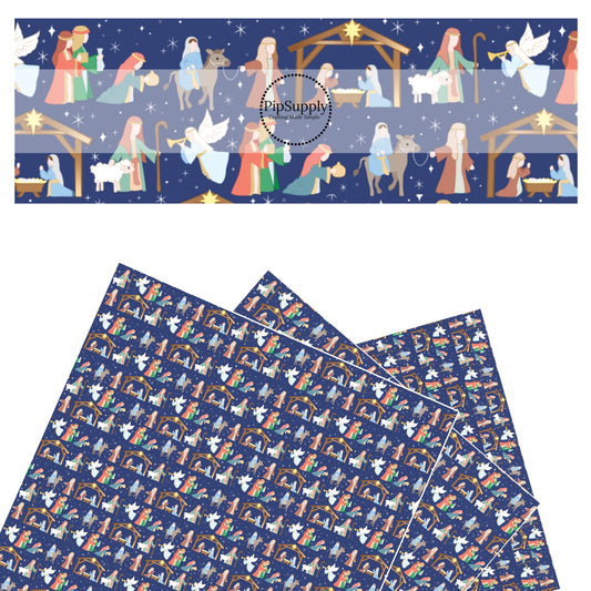 Stars, angels, shepards, animals, and manger on blue faux leather sheets