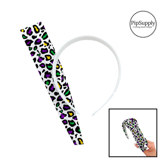 Purple, green, yellow, and black leopard print on white knotted headband kit