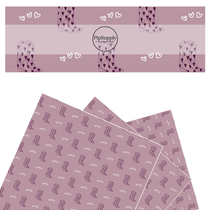 These western themed faux leather sheets contain the following design elements: cowgirl boots and tiny hearts on purple. Our CPSIA compliant faux leather sheets or rolls can be used for all types of crafting projects. The designer of this pattern is Hay Sis Hay. 