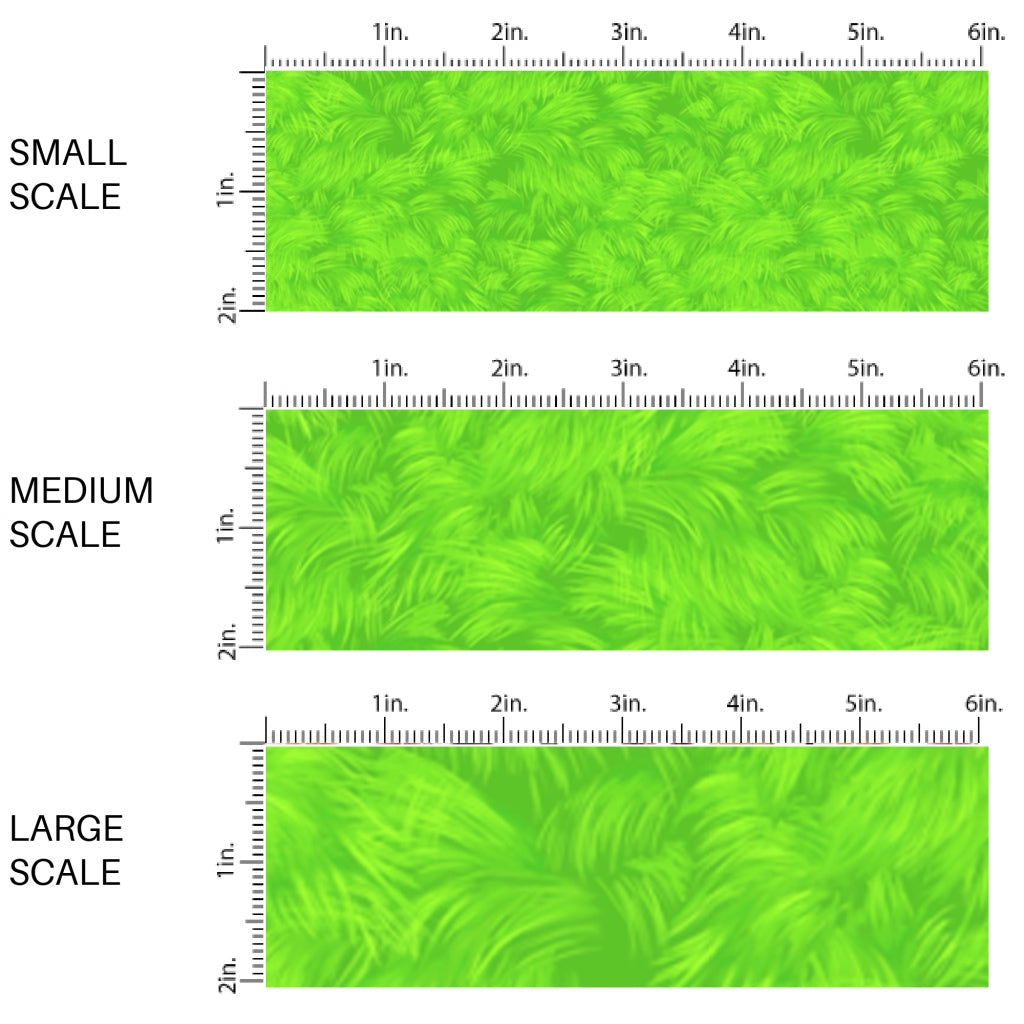 These Christmas themed pattern fabric by the yard features the following design elements: bright green fur pattern. This fun themed fabric can be used for all your sewing and crafting needs!