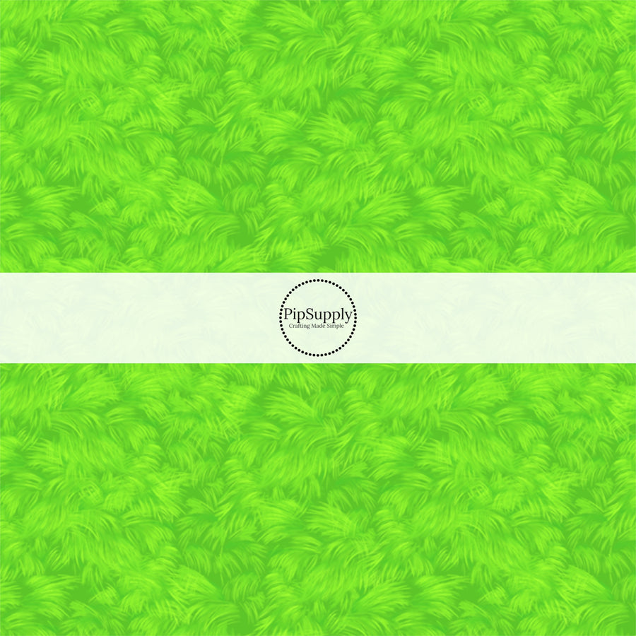 These Christmas themed pattern fabric by the yard features the following design elements: bright green fur pattern. This fun themed fabric can be used for all your sewing and crafting needs!