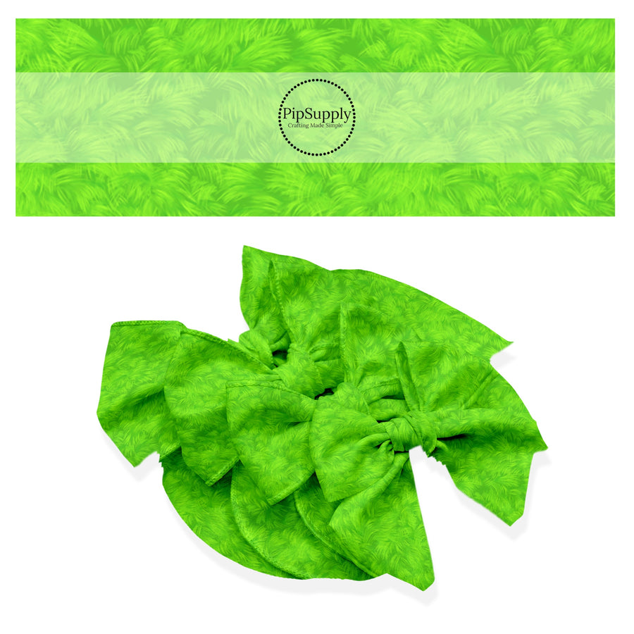 These Christmas themed no sew bow strips can be easily tied and attached to a clip for a finished hair bow. These fun patterned bow strips are great for personal use or to sell. These bow strips feature the following design elements: bright green fur pattern.