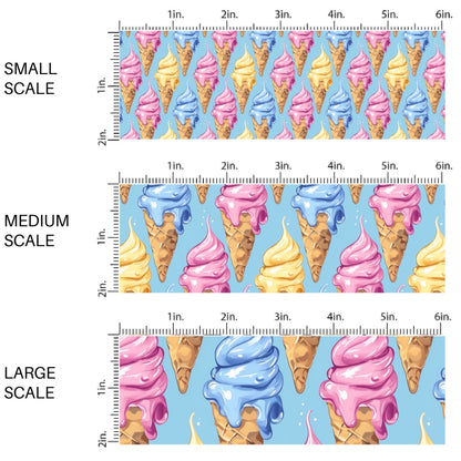 This scale chart of small scale, medium scale, and large scale of this ice cream fabric by the yard features ice cream cones on blue. This fun themed fabric can be used for all your sewing and crafting needs!